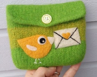 Felted pouch apple olive green wool bag cozy hand knit needle felted yellow birdie love letter