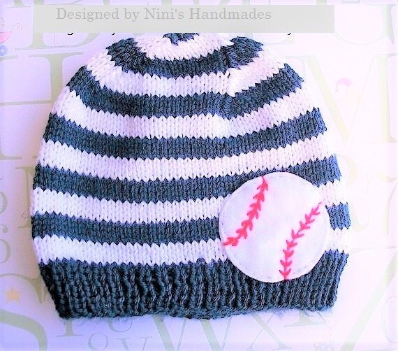 Items similar to Knit Baby Beanie with BASEBALL applique, Made in the