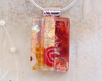 Amber Necklace, Orange, Red, Dichroic Glass Pendant, Petite, Fused Glass Jewelry, One of a Kind, Murrini, Necklace Included, A13