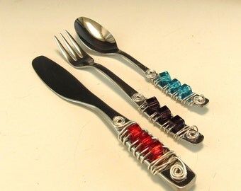 Appetizer Fork, Spoon, and Knife/Set of 3 Beaded Knife Fork and Spoon/Beaded Hors'dourve Utensils