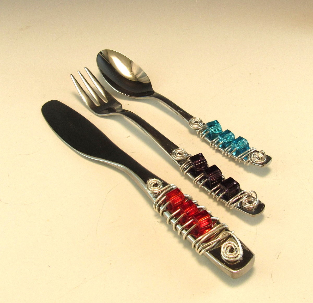 Appetizer Fork Spoon and Knife/Set of 3 Beaded Knife Fork