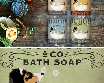 Australian Shepherd aussie dog bath soap Company artwork on gallery wrapped canvas by Stephen Fowler