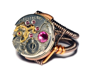 Steampunk ring, Steampunk Jewelry, Watch Movement Steampunk Ring with fuchsia crystal by Catherinette Rings