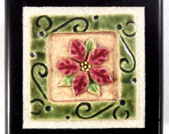 Flower Treasure Box, 2 x 2 inch Stoneware Art Tile set in Wooden Box