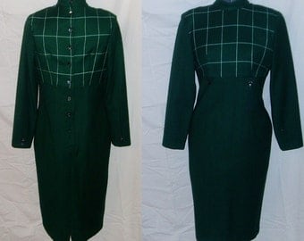 SALE Vintage Bombshell Forest Green Wool Wiggle Dress Mad Men Joan Holloway Nice Details M