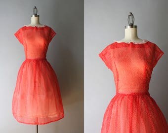 Vintage 50s Dress / 1950s Sheer Dotted Dress / 50s Apple Red Tiny Dots Dress M/L medium large