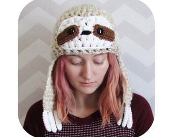 sloth hat - sloth beanie - earflap hat - winter hat - animal hat - beanie with earflaps - funny animal hat - messy bun hat option - vegan