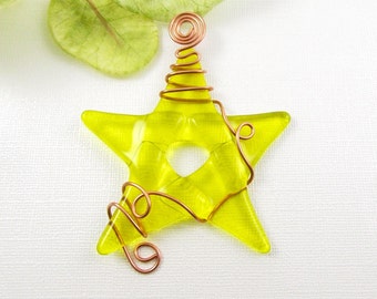 Yellow Glass Star - Fused Glass Star Ornament - Bright Yellow Star Suncatcher Wrapped with Copper Wire