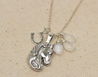 Horse Pendant Necklace with Moonstones, Horseshoe