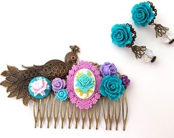 Peacock Wedding Comb Earring Set Blue Purple Hochzeit Cameo Prom Bridesmaid Formal Party Fest Bird Offbeat Bride Bridal Party Special Event