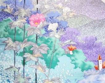 Japanese Kimono Wedding Obi Silk Piece Misty Mountain Landscape Hollyhocks Mallow Flowers Village Church