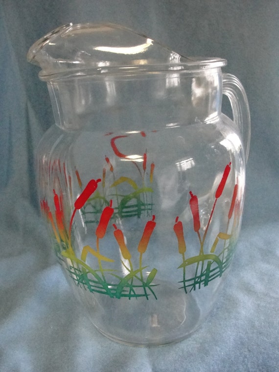 Vintage Federal glass pitcher with multi colored cattail