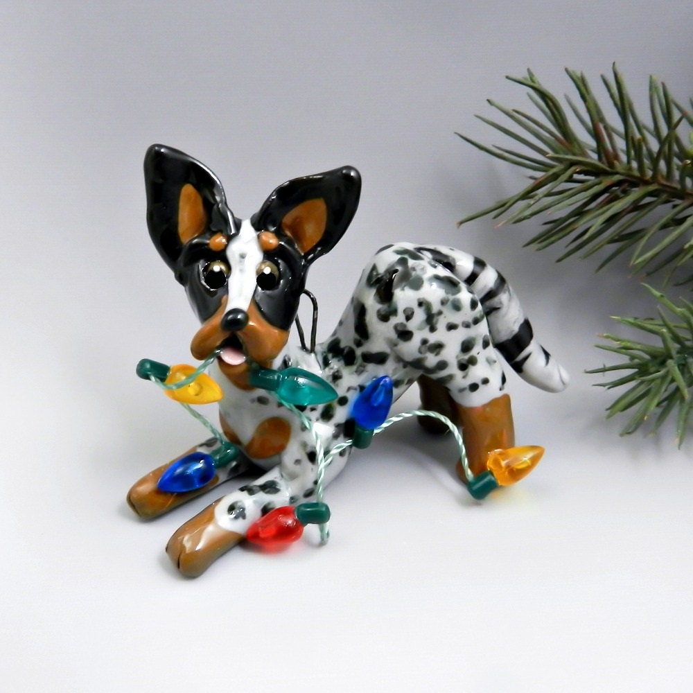 Blue Heeler Dog Christmas Ornament Figurine Lights Porcelain