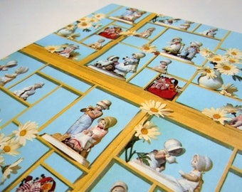 Vintage 1980 Any All Occasion Wrapping Paper Blue Birthday Gift Wrap Ceramic Figurines in Shadow Box