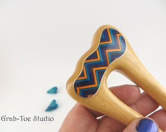 Hair Fork,Wood Hair Fork,Yello Heart Wood Hairfork Mermaids Tail Grahtoe Inlaid Chevrons Gold, Wood Hair Sticks,Gift for her,Hairforks,Wave