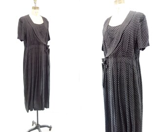 Vintage Midi Dress 1990s Flapper Dress 30s Style Dress Black White Dress 90s Flapper Dress Polka Dot Dress 20s Style Dress Short Sleeve L