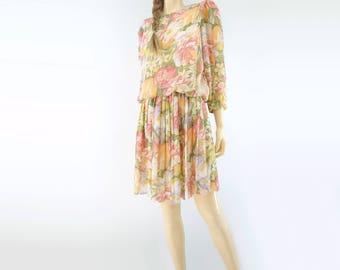 Floral Mini Dress 80s Floral Dress 80s Mini Dress Full Skirt Dress Peach Floral Dress Pastel Floral Dress Vintage 80s Summer Dress m