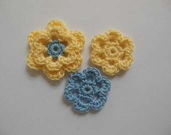 Crocheted Flower Combo - Yellow and Blue - Cotton Flowers - Crocheted Appliques - Crocheted Embellishments