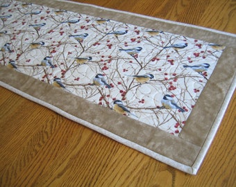 Quilted Table Runner in Chickadees and Red Berries