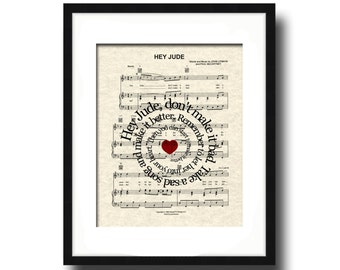 Hey Jude Song Lyric Sheet Music Art Print, The Beatles, Hey Jude Music Art, Custom Gift, Spiral Word Art, Nursery Art, Name and date