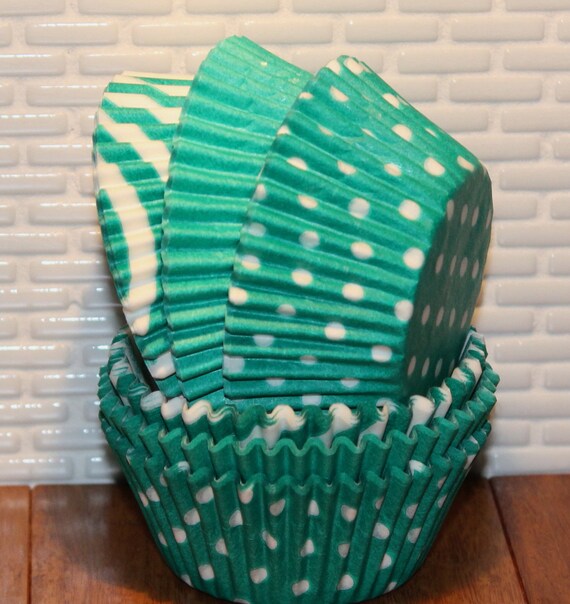 Teal Green Polka Dot Solid & Bar Stripe Cupcake Liner Pak