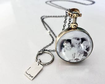Photo Locket Necklace in Antiqued Brass with Silver Chain - Custom with Photo