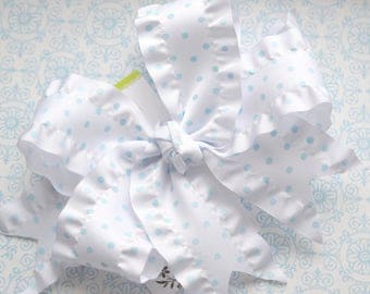 White with Blue Swiss Dot Double Ruffle XL Diva Bow