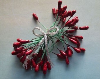 Vintage Deep Red Millinery Flower Stamens Lot of 32