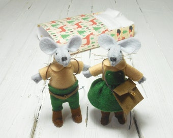 Woodland animals couple hand made dolls felt mice in matchbox bed green caramel stuffed animals miniature mouse felt set kids gift