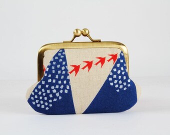 Metal frame purse with two sections - Hills in blue - Siamese daddy / Echino Japanese fabric / Two pockets / metallic silver / red birds
