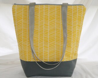 Yellow White Herringbone- Insulated Lunch Bag-Tote-Washable-Water and Mildew Resistant Interior -Extra Large-Tall Size