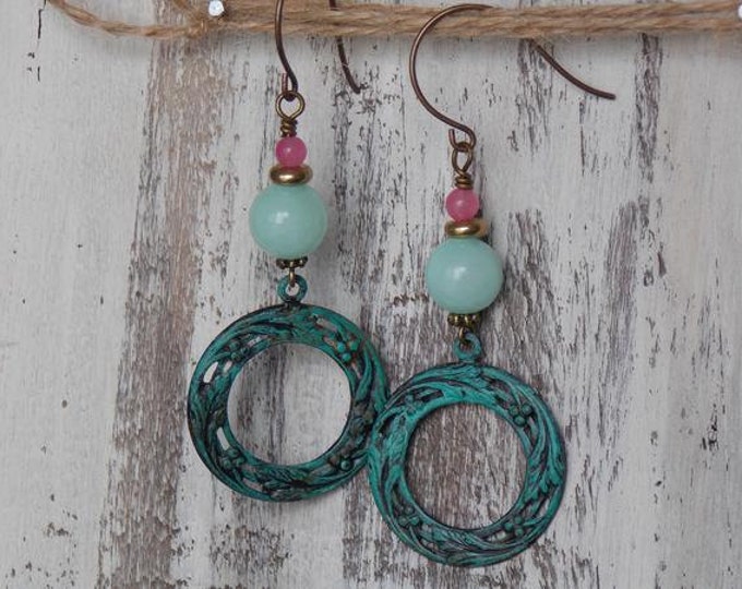 Gemstone Earrings Pink & Aqua Drop Dangle Earrings Patina Verdigris Semi Precious Stone Earrings Boho Bohemian Charm Jewelry Gift Vintaj