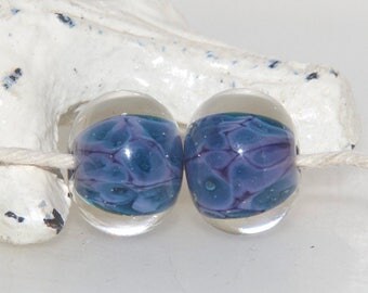 Speckled Denim Pools on Dark Purple Lampwork Glass Bead Pair
