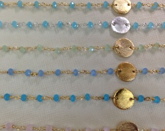 New Rosary Chain,, by the foot, Wire Wrap Chain, Gold or Silver Plated, Chalcedony, wholesale beaded chain with discs, rc.30 wf