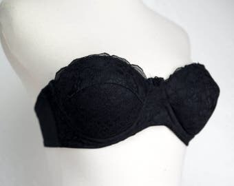 1970s Black Lace Strapless Bra Push Up Padded 34A 32A Sears Small Convertible Underwire