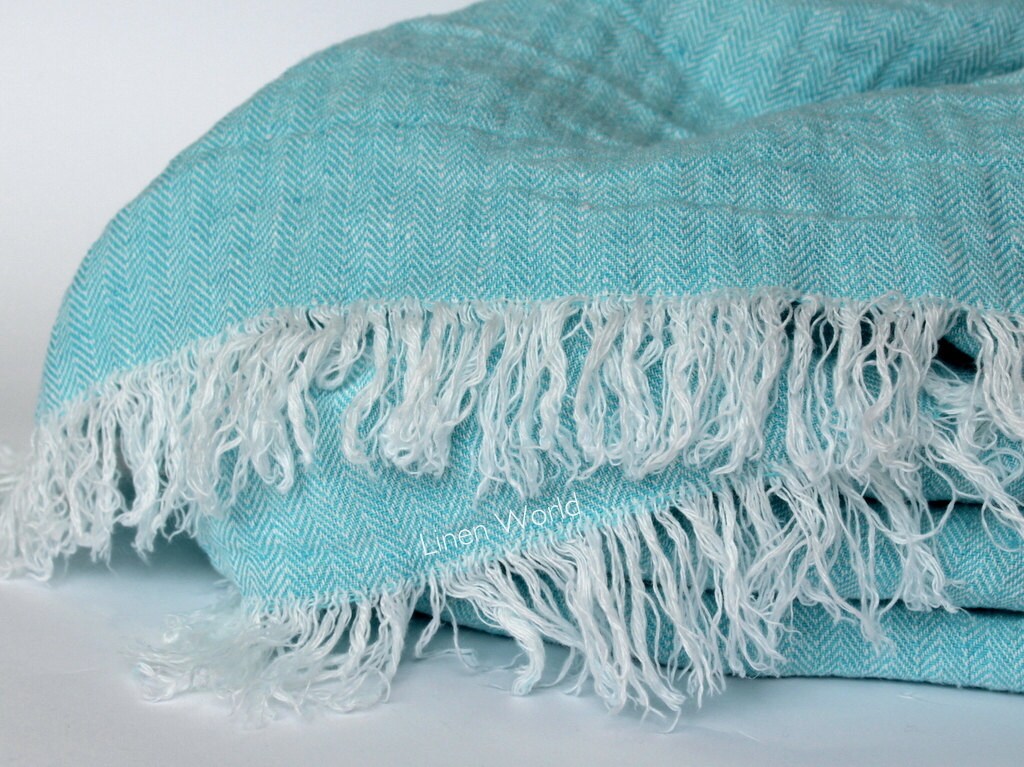 Large Linen Throw Blanket. Blue Herringbone Pure Linen