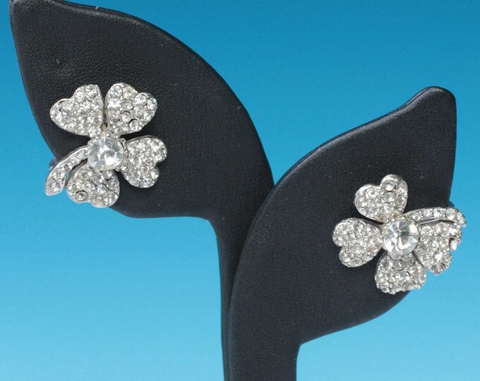 Rhinestone Four Leaf Clover Earrings Clear Stones Diamante Screw Back Vintage
