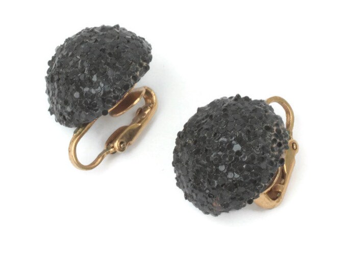 Black Sugar Bead Domed Earrings Clip On Style Vintage