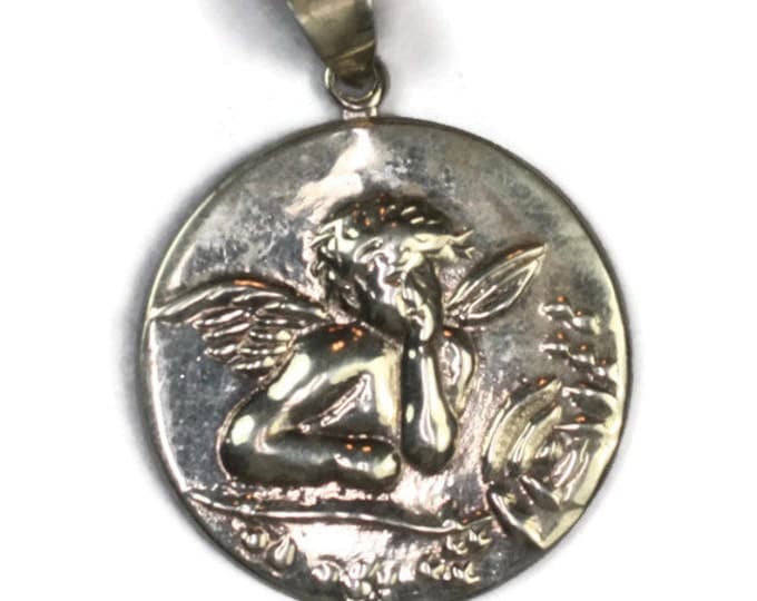 Sterling Cherub Cupid Angel Pendant Necklace Silver Tone Chain Vintage