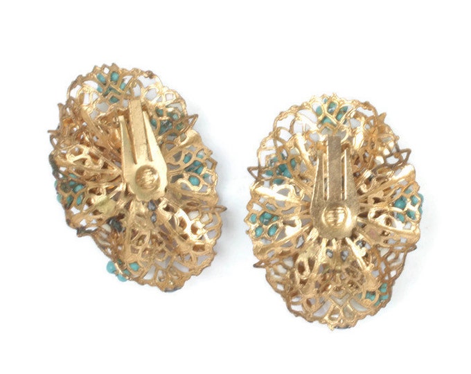 Turquoise and White Milk Glass Bead Earrings Filigree Rhinestones Vintage