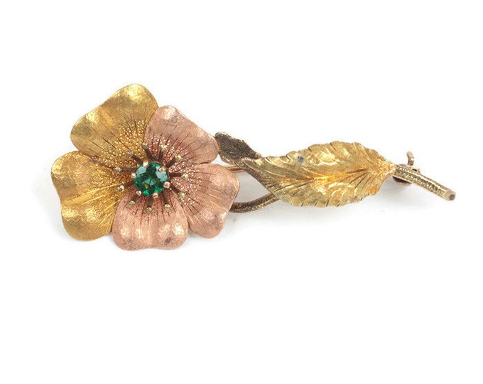 Victorian 14K Floral Brooch Synthetic Emerald Yellow Rose Gold Antique