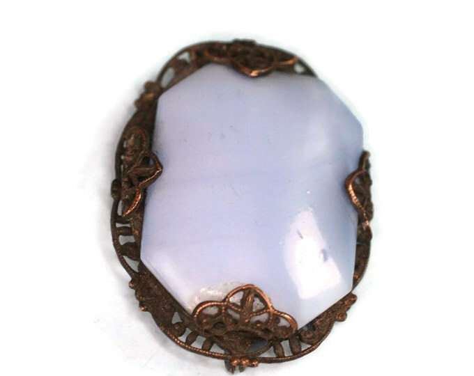 Pale Blue Satin Glass Brooch Filigree Setting Antique