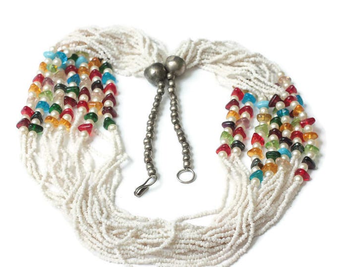 White Seed Bead Necklace Faux Pearls Multi Color Beads Multi Strands Boho Vintage
