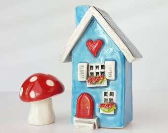 Blue House with Red Door | Little Clay House | Miniature House | Whimsical Clay house | Fairy House | Little Blue Clay Cottage