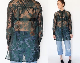 vintage 90s abstract SHEER oversize BUTTON UP blouse S-M
