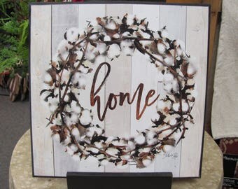 Cotton Wreath Plaque,Home Cotton Wreath,Wood Art Plaque,12x12,Marla Rae