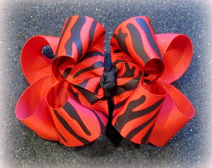 zebra hair bow, red zebra bow, double layered zebra bows, girls hair bows, boutique hairbow, layered bows, animal print bows, red bows,