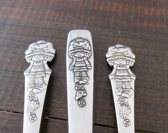 Vintage Strawberry Shortcake Child Fork and Knife Set, Oneida American Greeting Corp. Flatware Set, Stainless Childrens Figural Silverware