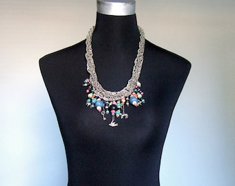Vintage Statement Necklace Silver Necklace Bib Necklace Statement Jewelry Charm Animal Jewelry