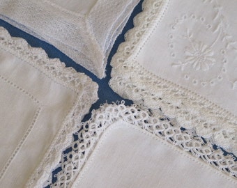4 Hankies White Linen Cotton Fancy Lacy Lace Hand Crochet Tatting Net Plauen c.1920s-1960s Vintage